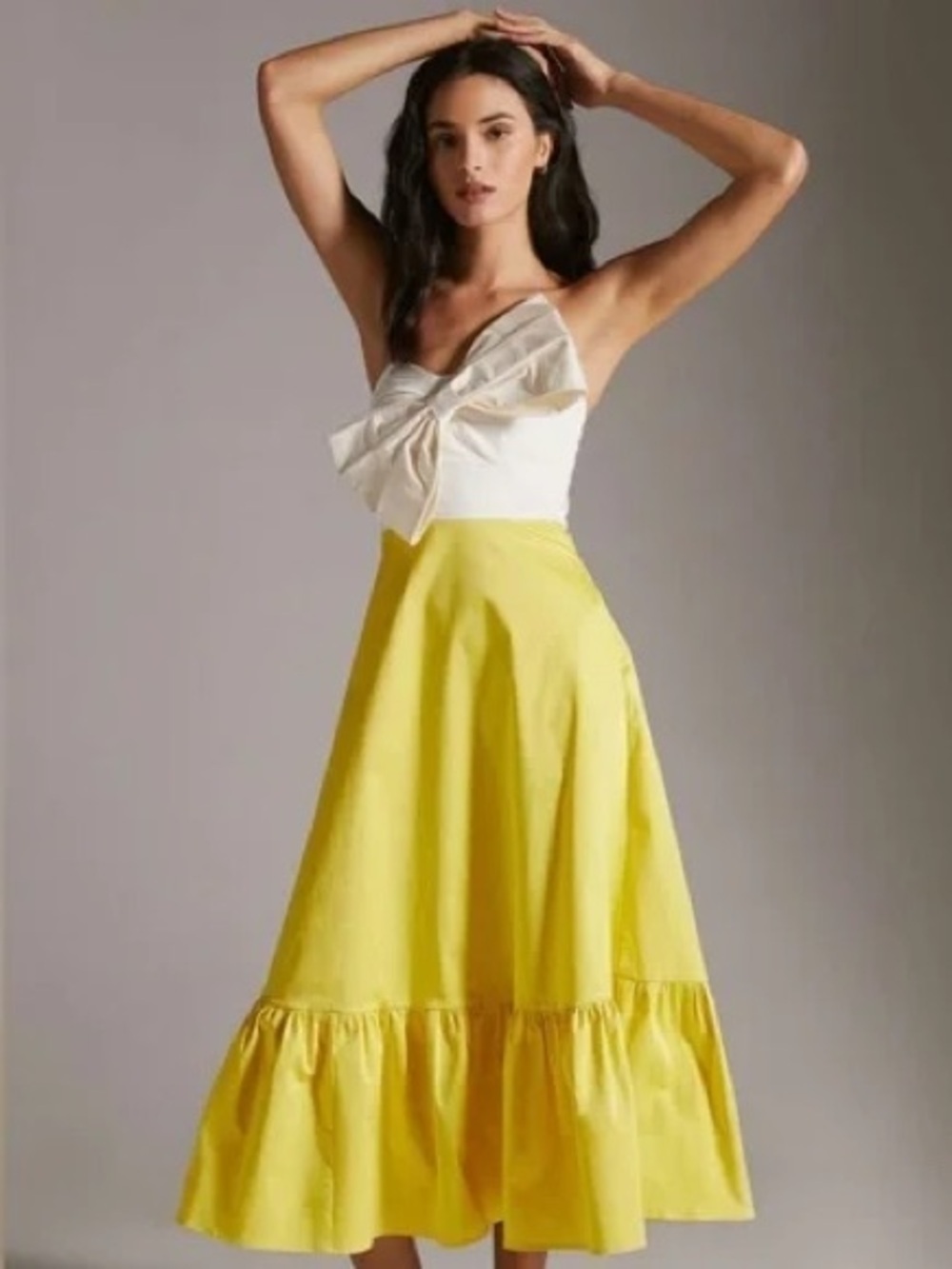 Anthropologie Hutch Strapless Bow Maxi Dress Size 4 Yellow Ivory Wedding Guest